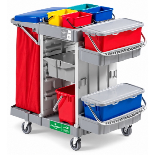 Filmop Alpha 2672 Carrello Pulizie Ospedaliere con Portasacco Pieghevole 120 Lt e Secchi Sanitari Top-Down