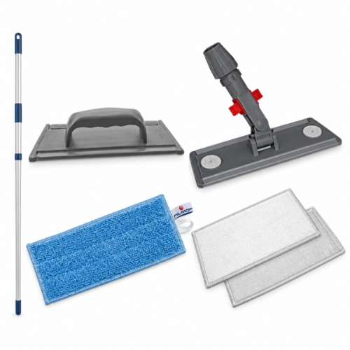 Filmop Brilliant Plus Kit Pulizia Vetri e Specchi con Manico Telescopico e 3 Panni Microfibra