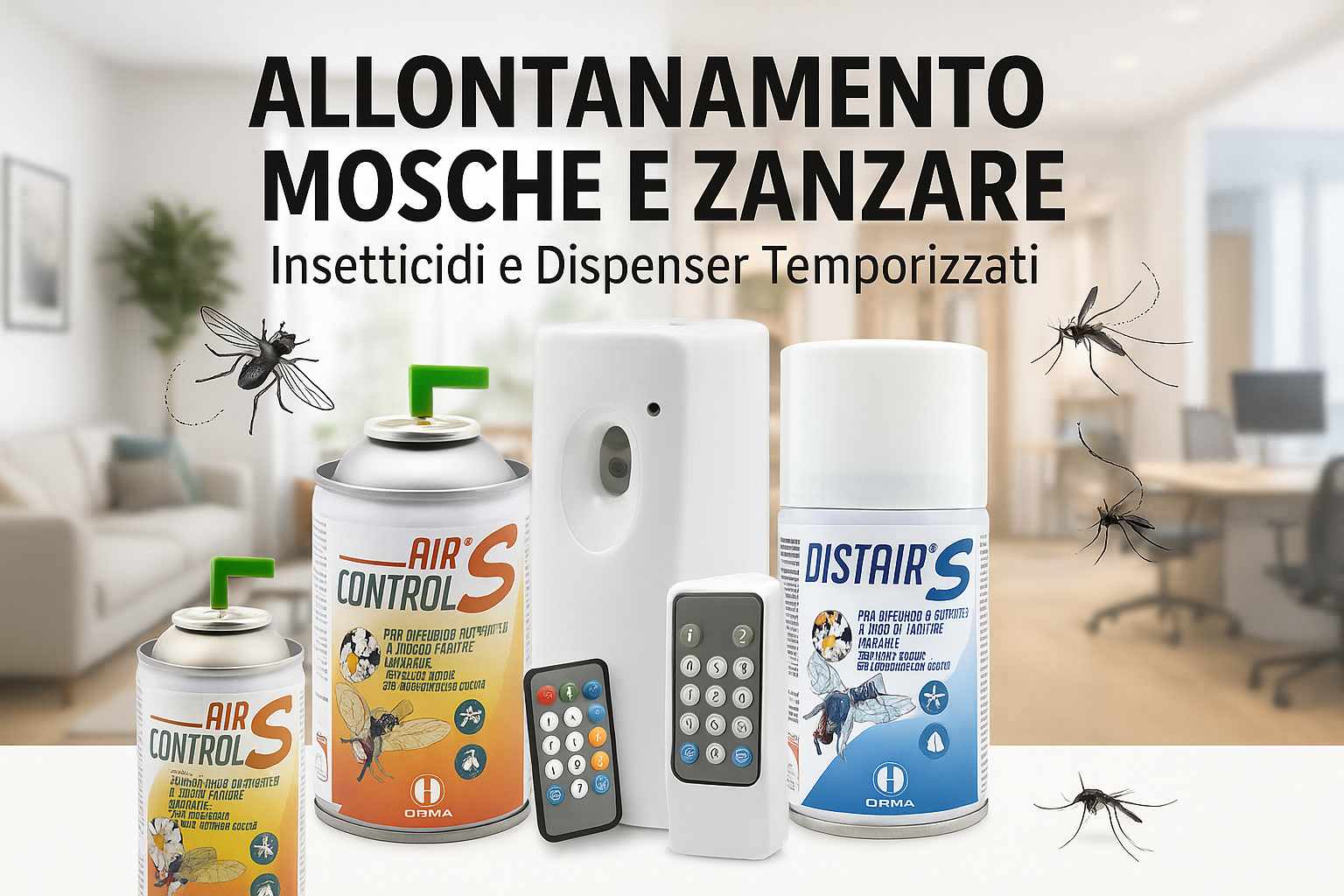 Prodotti Orma per l’allontanamento di mosche e zanzare, insetticidi ricariche aerosol per dispenser automatici temporizzati ideali per casa, ristorante, hotel e ufficio.