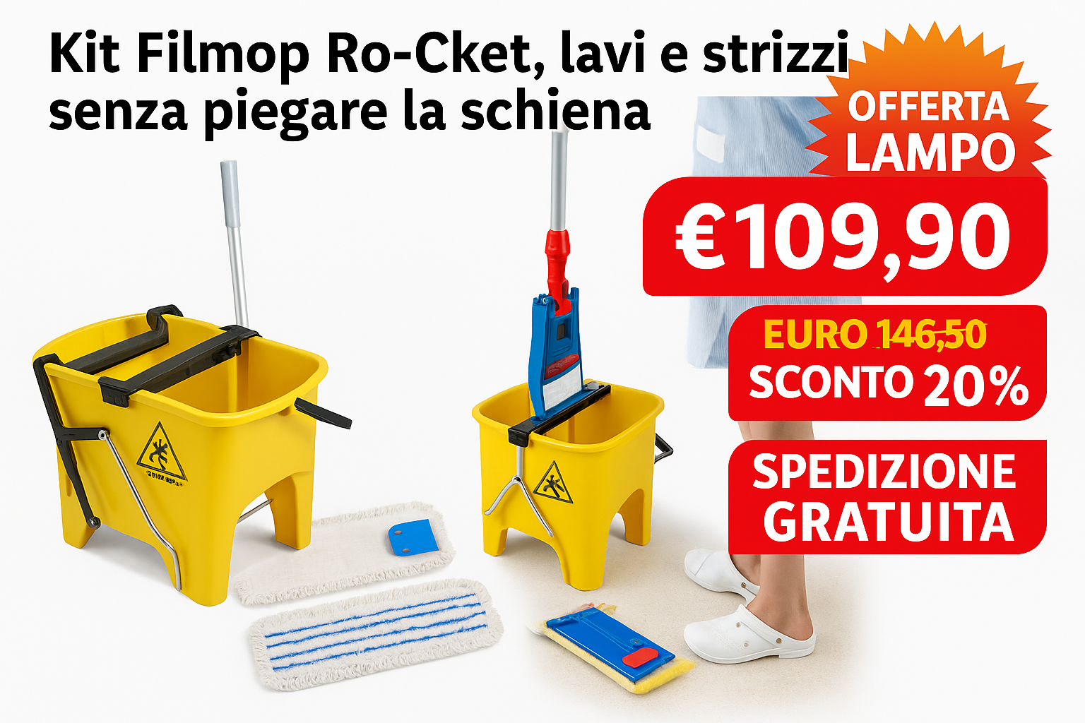 Offerta lampo Kit Filmop Ro-Cket con secchio, telaio e mop a €109,90 con spedizione gratuita – Detercenter