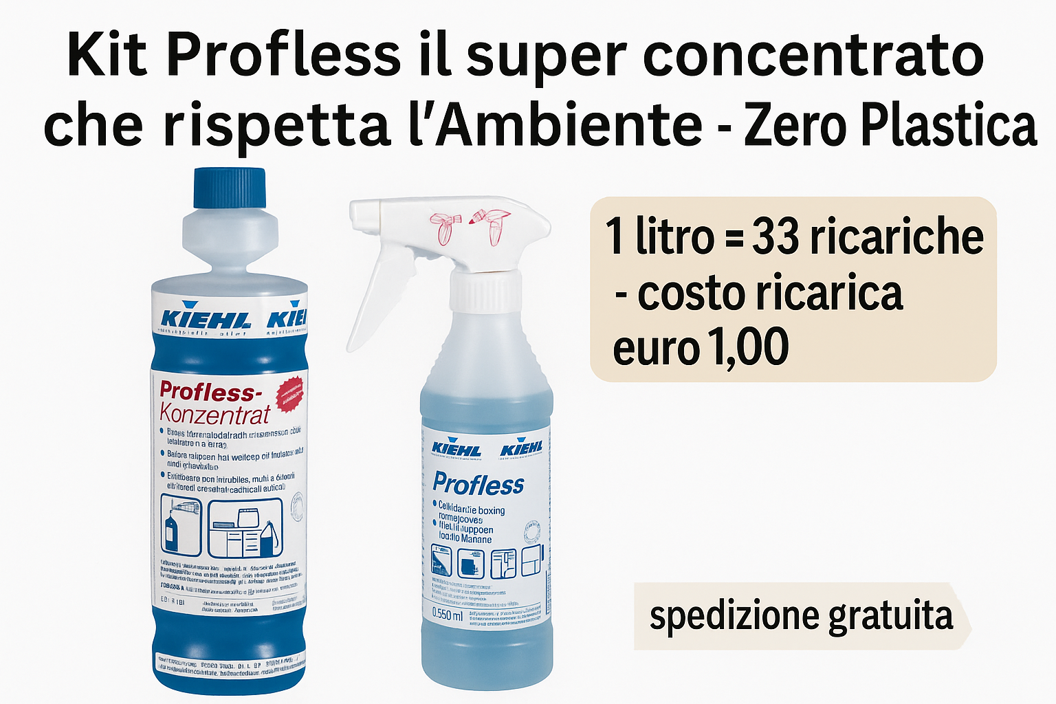 Kit Profless Kiehl super concentrato ecologico con 1 litro per 33 ricariche – costo ricarica 1,00 euro – Detercenter