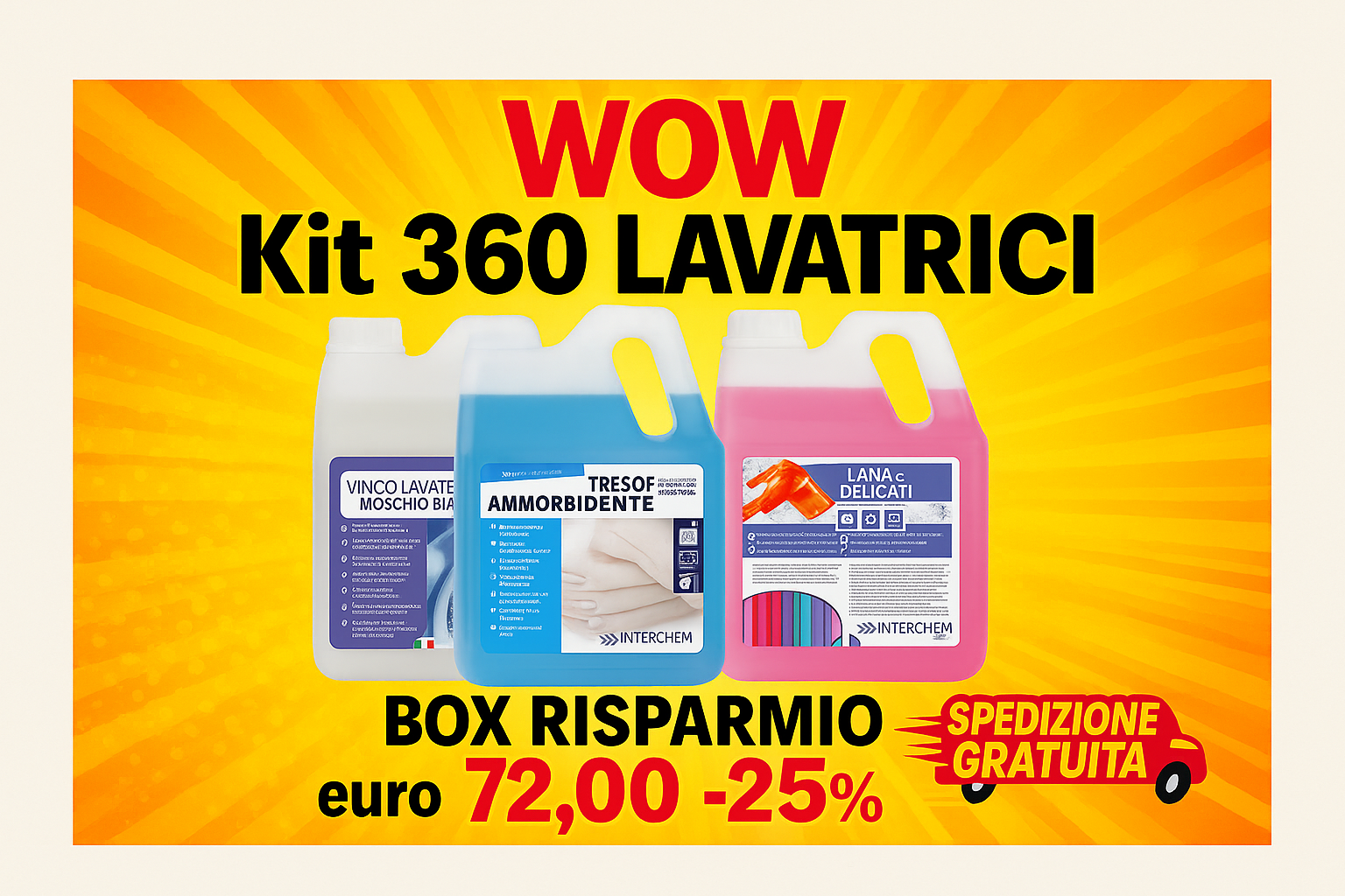 Kit Risparmio 360 lavatrici detersivi Interchem : 10 litri Vinco Lavatrice enzimatico, 5 litri Lana e Delicati, 5 litri ammorbidente Tresof super concentrato. Sconto 25%