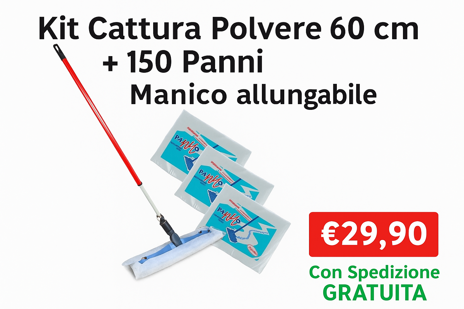 Kit cattura polvere 60 cm con manico allungabile e 150 panni – offerta €29,90 con spedizione gratuita – Detercenter